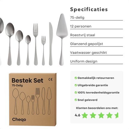 Cheqo® 75-Delige Bestekset - Roestvrij Staal Bestek - Vaatwasmachinebestendig - Hoogwaardig RVS - Glanzend Gepolijst - Compleet Bestekset - Bestek Voor 12 Personen - Stijlvolle Presentatie - Dagelijks Gebruik - Speciale Gelegenheden