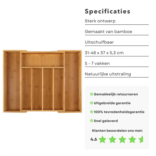 Cheqo® Bamboe Besteklade - Uitschuifbaar - 31-48 x 37 x 5.3 cm - 5-7 Vakken - Bestek Organizer - Bestekbak - Bestekcassette - Lange Levensduur - Ladeverdeler Bestekbakken