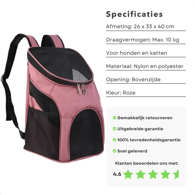Cheqo® Hondenrugzak - Reistas Kat - Dieren Draagtas - Dierendraagtas - Hondentas - Roze - Voor Katten en Honden Tot 10 Kg - Nylon Ademend