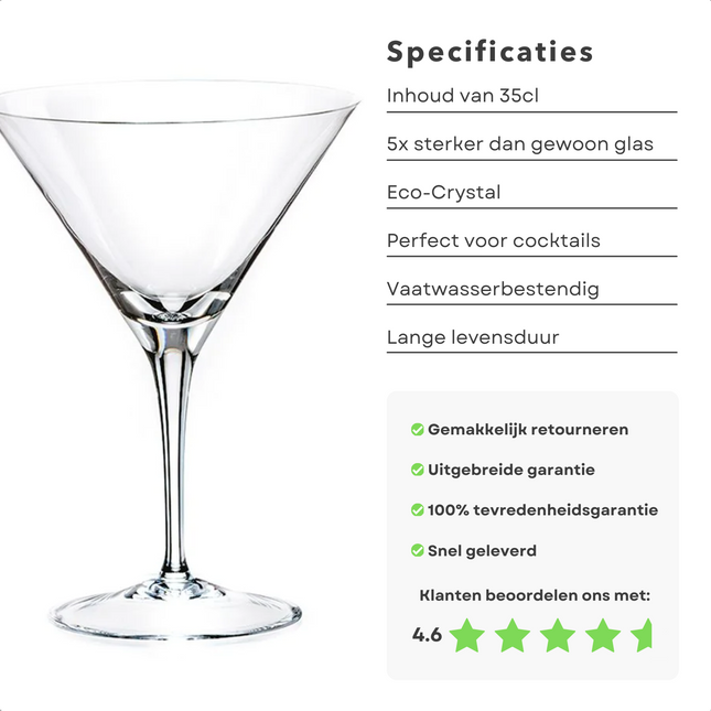 Cheqo® Sterke Cocktailglazen van Kristal - Martiniglas - Martiniglazen - Martini Glazen - 35cl - Set van 2 - Kristallen Cocktailglazen - Horeca Kwaliteit