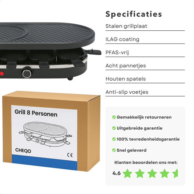 Cheqo® Raclette Grill 8 Personen - Compacte Raclette Grill - Stalen Grillplaat - Antiaanbaklaag - PFAS-Vrij - Gourmet - Gourmetten - Anti-Slip Voetjes - Houten Spatels - Eenvoudig Te Reinigen