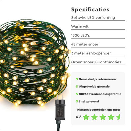 Cheqo® Kerstverlichting - Kerstboomverlichting - Kerstlampjes - Sfeerverlichting - LED Verlichting - Voor Binnen en Buiten - Tuinverlichting - Feestverlichting - Lichtsnoer -  45 Meter - 1500 LED's - 8 Lichtfuncties - Warm Wit - Soft Wire Kerstboomverlichting