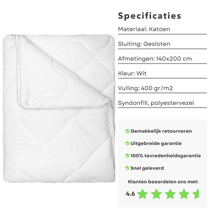 Cheqo® 4 Seizoenen Katoenen Dekbed - 140x200 - 100% Katoen -Beddengoed - Anti-Allergie - Zomerdekbed - Winterdekbed - Hotel Kwaliteit - All Season - Extra Comfort - Polyester - Machinewasbaar Dekbedden