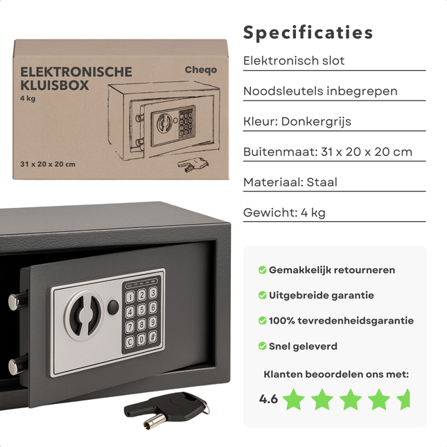 Cheqo® Elektronische Kluis - Met Cijferslot & Noodsleutel - Staal - Muurbevestiging - Donkergrijs