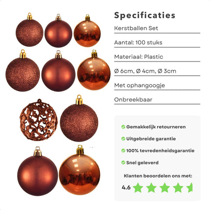 Cheqo® Luxe Kerstballen Set - Kerstballenset - Kerstdecoratie - Kerstboom Versieren - Kerstversiering - Onbreekbaar - Met Ophangoogje - Kerstversiering Kerstboom - Mat - Glans - Glitter - 100 Stuks - Koper - Bruin - Verschillende Texturen Kerstballen