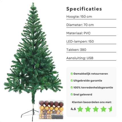 Cheqo® Kerstboom - Kunstkerstboom 150 cm - Met LED-verlichting en Kerstballen - PVC - USB-aansluiting