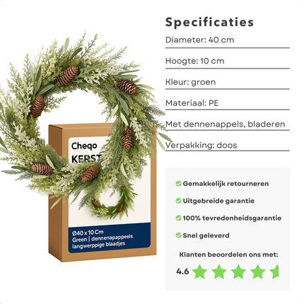 Cheqo® Groene Kerstkrans - Ø40 cm - Dennenappels - Dennentakken - Langwerpige Blaadjes - Natuurlijke Uitstraling - PE Materiaal - Deurdecoratie - Wanddecoratie - Kerstversiering - Sfeervolle Krans - Deurkrans - Kunstkerstkrans
