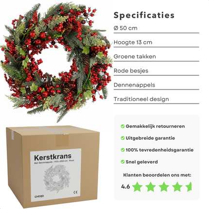 Cheqo® Kerstkrans Met Dennenappels - Rode Bessen Kerstkrans - Groene Takken Krans - Traditionele Kerstkleuren - Ø50 CM Krans - Klassieke Kerstdecoratie - Feestelijke Krans - Kerstversiering Groen Rood - Deurkrans Kerst - Wandkrans Kerst
