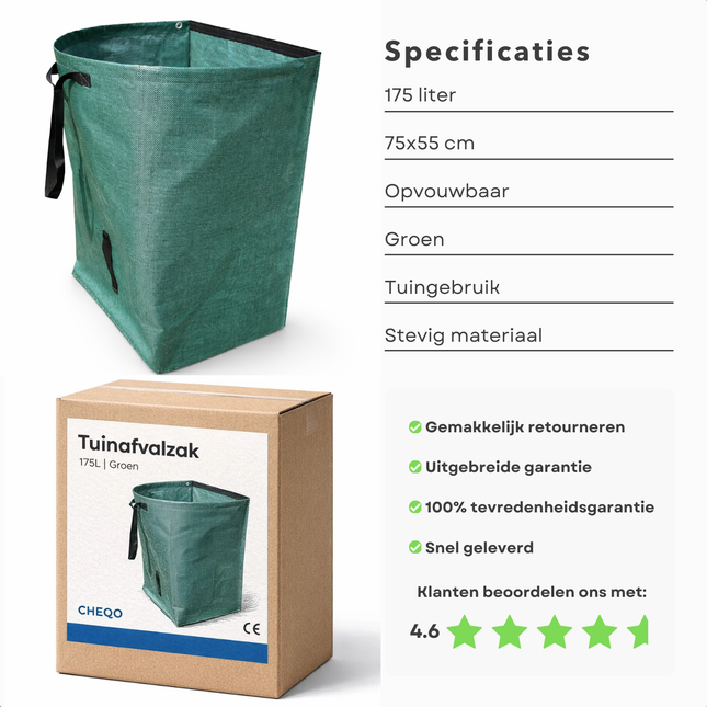 Cheqo® Tuinafvalzak - Tuinzak - Tuinafval Zak - Tuinafvalzak Opvouwbaar - Opvouwbare Tuinafvalzak - Tuinafvalzak Groen - Groene Tuinafvalzak - Tuinzak Groen - Groene Tuinzak - Tuinafvalzak Met Bodem