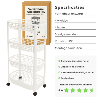 Cheqo® Keukentrolley Op Wieltjes - 4 Lagen Manden - Wit Kunststof - Opbergtrolley Keuken of Badkamer - Ruimtebesparend Ontwerp - Keuken Organizer - Multifunctionele Trolley - Smalle Rolwagen - 4 Wieltjes