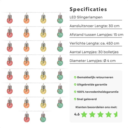 Cheqo® Draadloze Feestverlichting - Multicolor LED Bolletjes - 4.50 meter - Op Batterijen - 30 Lampjes - Feestslinger - Sfeerverlichting - Multicolor - Lichtsnoer - Voor Binnen Lichtsnoeren