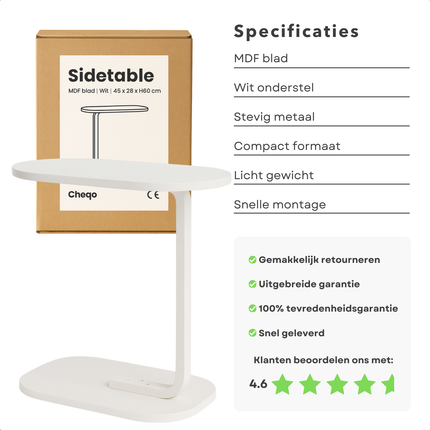 Cheqo® Bijzettafel Wit - Banktafel Metaal - Bijzet Tafel - Mdf Blad - C-Vormig Ontwerp - Compact Formaat - Wit Onderstel - Metaal Frame - Lichte Bijzettafel - Sidetable - Tafeltje - Bedtafel - Modern Design - Geschikt Voor Woonkamer