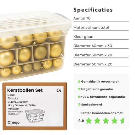 Cheqo® Kerstballen Set Goud - 70 Stuks Kerstballen - Kunststof Kerstballen - Opbergbox Inbegrepen - Mat Glanzend Glitter - Opbergdoos - Kerstversiering Goud - Kerstboom Decoratie - Gouden Kerstballen - Afsluitbaar Deksel