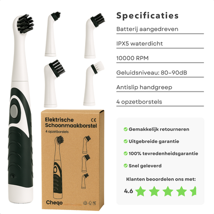 Cheqo® Elektrische Schoonmaakborstel - Schoonmaakborstel Elektrisch - Schrobborstel - Badkamer En Keuken - Compact En Draagbaar - Waterdicht IPX5 - Antisliphandgreep - Moeilijk Bereikbare Plekken - Hardnekkig Vuil - 4 Opzetborstels