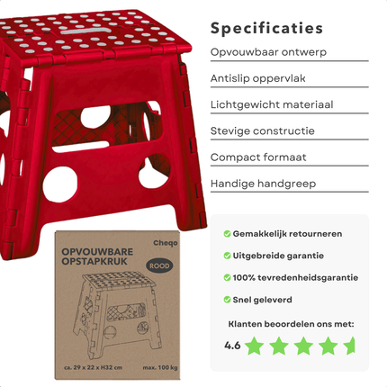 Cheqo® Vouwbare Opstapkruk - Opstapje - Trapje - Kruk - Krukje - Keukentrap - Keukentrapje - Opvouwbaar - Anti-Slip - ABS Materiaal - Max. 100 kg - Rood
