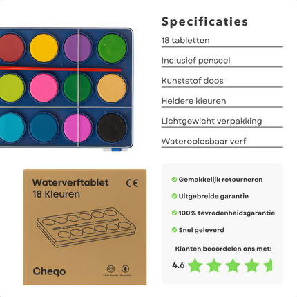 Cheqo® Waterverftablet 18 Kleuren – Verfdoos met Transparant Deksel – Inclusief Penseel – Kindvriendelijke Aquarelverf – Creatieve Hobby – Geschikt voor Kinderen Vanaf 3 Jaar – Schilderen & Tekenen – Educatief Speelgoed