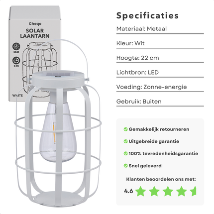Cheqo® Solar Lantaarn - Witte Sfeerverlichting - 22cm Decoratieve Buitenlamp - Tuinverlichting -  Solar Lantaarns voor Buiten - Tuinverlichting op Zonne Energie - Tuin Lamp Lantaarn Hangend