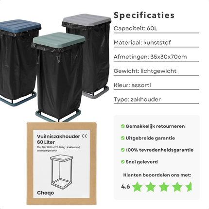 Cheqo® Vuilniszakhouder 60 Liter - Compact Op Te Bergen - Vuilniszakstandaard - Afvalzakhouder - Geschikt Voor 60 Liter - Vuilniszakhouder - Willekeurige Kleur - Vuilniszak Houder - Afvalzak Houder