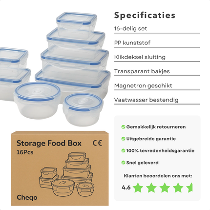 Cheqo® Plastic Bewaardozen - 16-Delige Set - Klikdeksel - Magnetronbestendig - Vaatwasserbestendig - Diepvriesbestendig - Voedsel Bewaren - Vershoudbakjes - Polypropyleen Kunststof - Transparante Bakjes - Rechthoekige Doosjes - Meal Prep