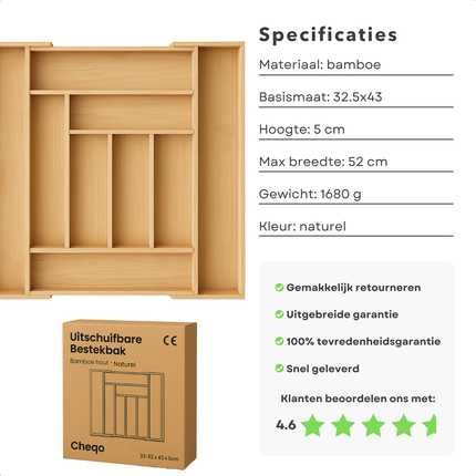 Cheqo® Uitschuifbare Bamboe Bestekbak - Keukenlade - Besteklade Uitschuifbaar - Verstelbare Lade Organizer - Bestekhouder - Hout