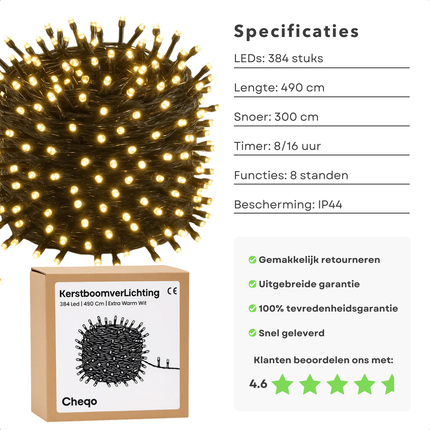 Cheqo® Kerstverlichting - Kerstlampjes - Kerstboomverlichting - 384 LED - Extra Warm Wit - Warm Witte Verlichting - Verlichte Lengte 490 CM - 8 Lichtfuncties - Automatische Timer - Binnen en Buiten - IP44 Adapter - Romantische Verlichting