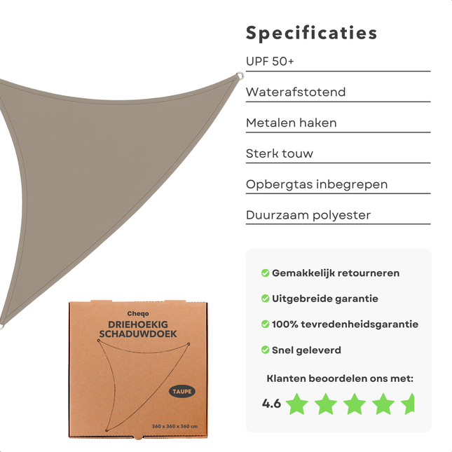 Cheqo® Schaduwdoek Driehoek - Schaduwnet - Zonwering - Zonnezeil - Luifel - Waterafstotend - 3.6 M - Polyester UV-bescherming - Taupe