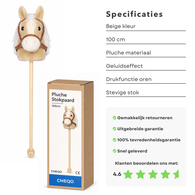 Cheqo® Stokpaard met Geluid - Stokpaardje met Geluid - Stokpaard - Stokpaardje - Hobby Horse - Hobby Paard - Paardenstok - Paardenstok Speelgoed - Stokpaard Speelgoed - Stokpaard voor Kinderen - Stokpaard met Geluid Beige