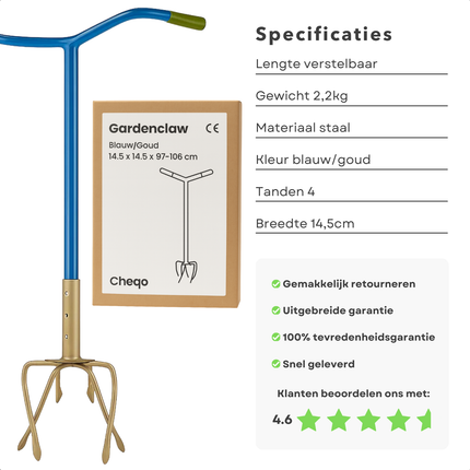 Cheqo® Tuinklauw Verstelbaar - 4-Tands Woelvork - Grond Beluchten - Onkruid Verwijderen - in Lengte Verstelbaar - Ergonomisch Handvat - Staal met Kunststof - Rug- en Knieontlastend - Tuinieren zonder Bukken - Woelvork met Handvatten