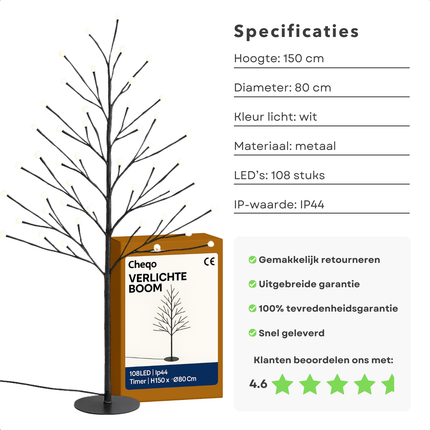 Cheqo® Verlichte Boom Buiten - LED Kerstboom - Kerstdecoratie Buiten - Energiezuinige LED Lampjes - Klassiek Wit Licht - Metalen Frame - LED Boom - Timer Functie - 108 LED Lampjes - 150cm - Kerstverlichting Met Timer