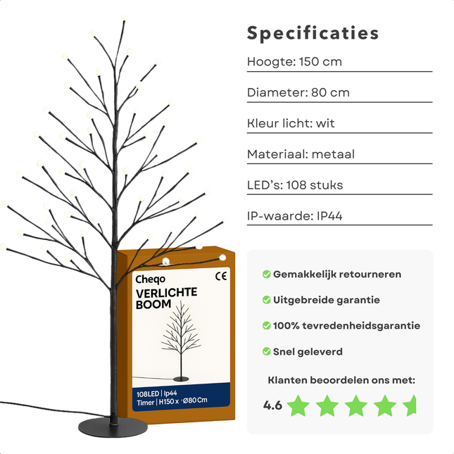 Cheqo® Verlichte Boom Buiten - LED Kerstboom - Kerstdecoratie Buiten - Energiezuinige LED Lampjes - Klassiek Wit Licht - Metalen Frame - LED Boom - Timer Functie - 108 LED Lampjes - 150cm - Kerstverlichting Met Timer