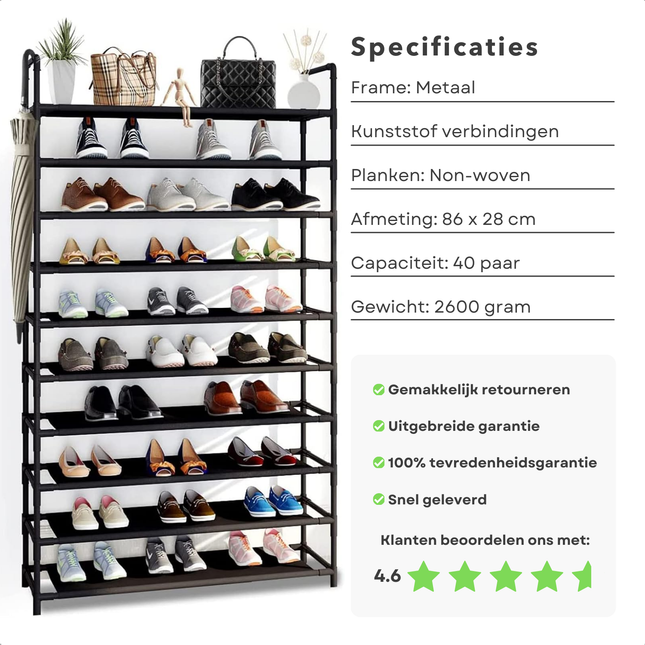"Cheqo® metalen schoenenrek met 10 lagen voor 40 paar schoenen, inclusief specificaties en klantbeoordeling"