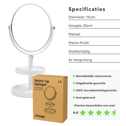 Cheqo® Make-Up Spiegel met Oganizer - Scheer Spiegel - Vergroot Spiegel - Makeup Spiegel met Houder - Wit - Dubbelzijdig - Metaal