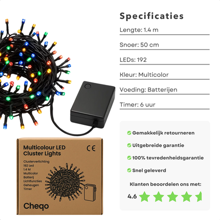 Cheqo® Clusterverlichting Multicolor - Batterijverlichting - Lichtfuncties - Geheugenfunctie - Timer Verlichting - Zwart Snoer - Werkt Op 3x AA Batterijen - Kerstverlichting - Kerstlampjes - Kerstboomverlichting Batterij - 140cm