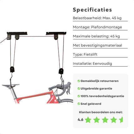 Cheqo® Fietslift Plafondmontage - Ophangsysteem - Fietstakel - Max. 45 kg - Fietsophangsysteem voor Garage - Incl. Bevestigingsmateriaal