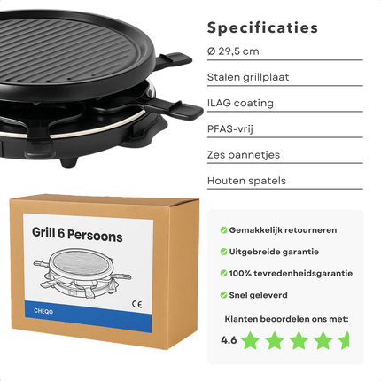 Cheqo® Raclette Grill - 6 Persoons - Stalen Grillplaat - Gourmet - Gourmetten - Antiaanbaklaag - PFAS-Vrij - Anti-Slip Voetjes - Houten Spatels - Eenvoudig Te Reinigen - Compacte Raclette