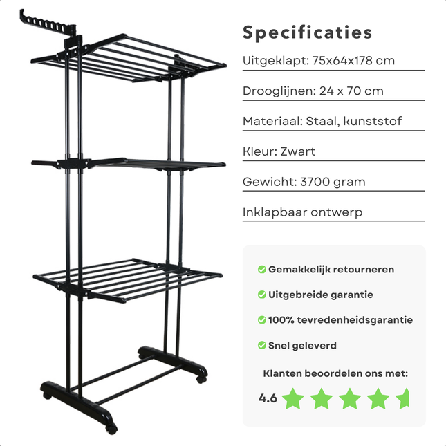 Cheqo® Inklapbaar Wasrek - Droogtoren - Kleding Droogrek - Staal en Kunststof - 75x64x178 cm - Met Wieltjes - Zwart