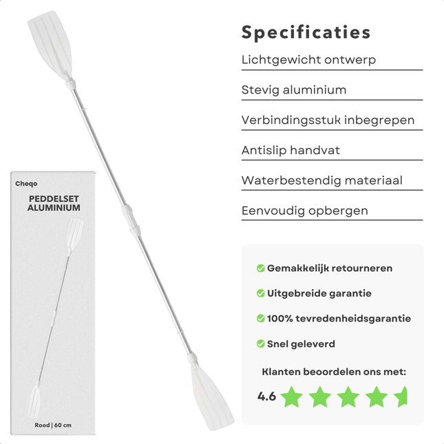 Cheqo® Aluminium Peddel Set - Roeispaan - SUP Paddle - 2 Peddels - Ook Voor Kajak en Kano - Lichtgewicht en Verstelbaar
