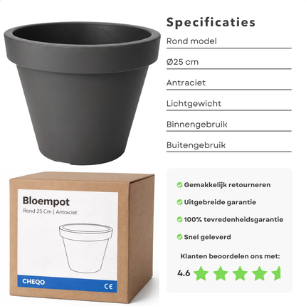 Cheqo® Bloempot Antraciet - Ronde Bloempot - Bloempot Rond - Bloempot Binnen - Bloempot Buiten - Bloempot Antraciet Rond - Bloempot 25 Cm - Bloempot Rond 25 Cm