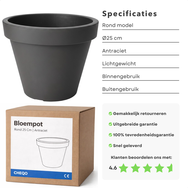 Cheqo® Bloempot Antraciet - Ronde Bloempot - Bloempot Rond - Bloempot Binnen - Bloempot Buiten - Bloempot Antraciet Rond - Bloempot 25 Cm - Bloempot Rond 25 Cm