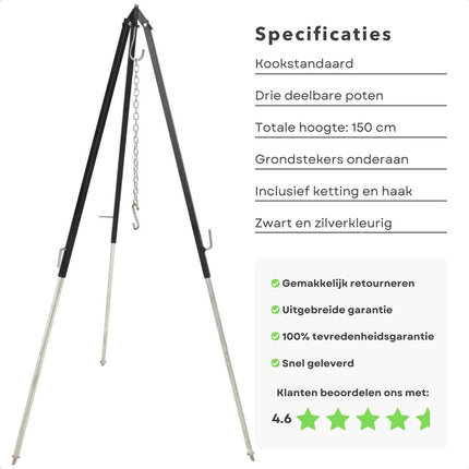 Cheqo® Driepoot Standaard - Stabiel Buiten Koken - 150cm - In Hoogte Verstelbaar - Camping - BBQ Statief - Tripod - Extra Sterk - Grondstekers - Metaal - Kookstatief Driepoot Barbecues
