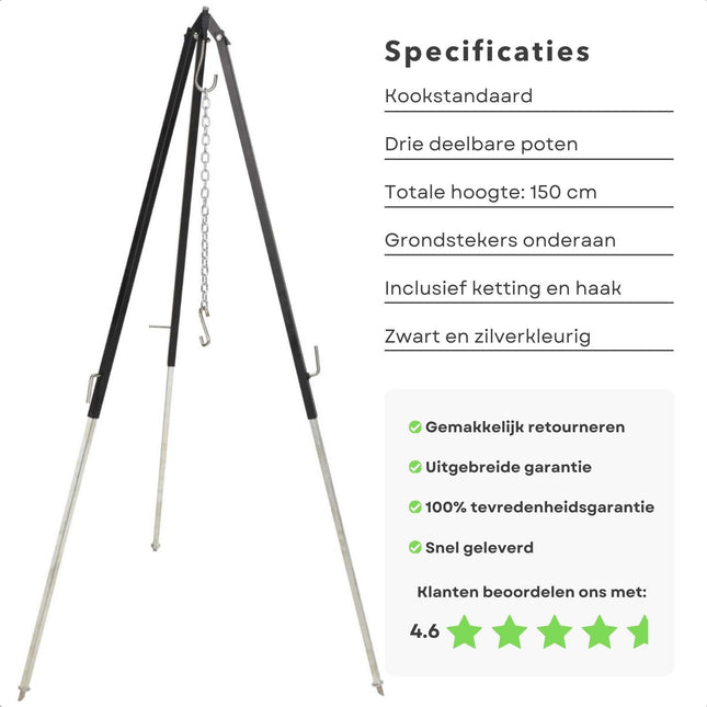 Cheqo® Driepoot Standaard - Stabiel Buiten Koken - 150cm - In Hoogte Verstelbaar - Camping - BBQ Statief - Tripod - Extra Sterk - Grondstekers - Metaal - Kookstatief Driepoot Barbecues