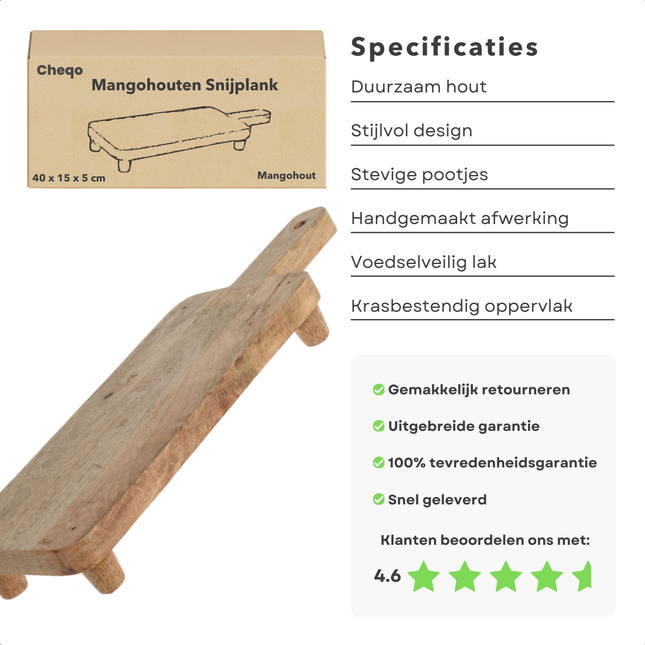 Cheqo® Mangohouten Snijplank - Serveerplank Met Pootjes - Kaasplank - Borrelplank - Keukenaccessoires