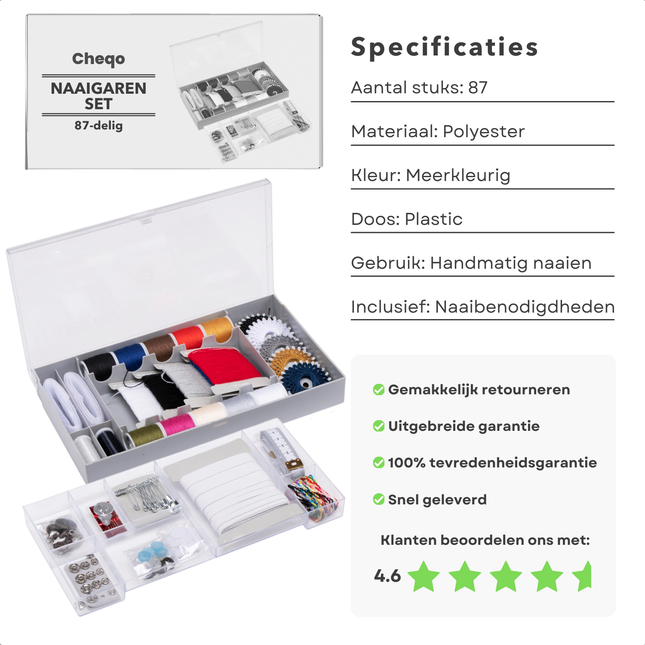 Cheqo® Naaigaren Set - 87-delige Complete Naaidoos - Naaien - Naai Kit - Handige Naaikit met Opbergdoos