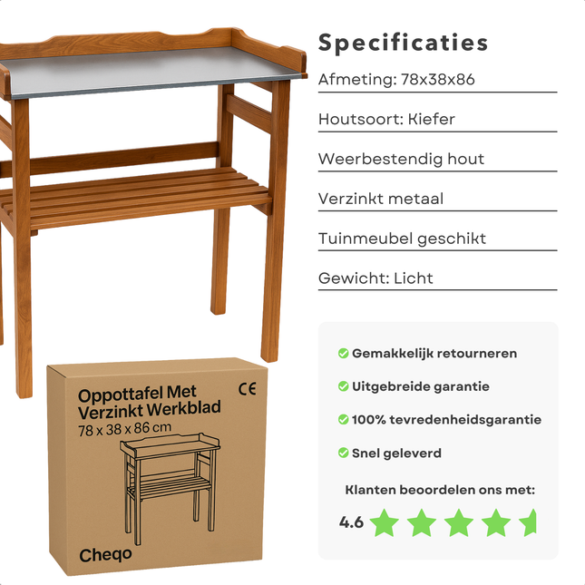 Cheqo® Oppottafel Hout - Tuinwerktafel - Plantentafel - Werktafel - Oppot Tafel met Verzinkt Werkblad - Werkbank Voor Tuin en Balkon
