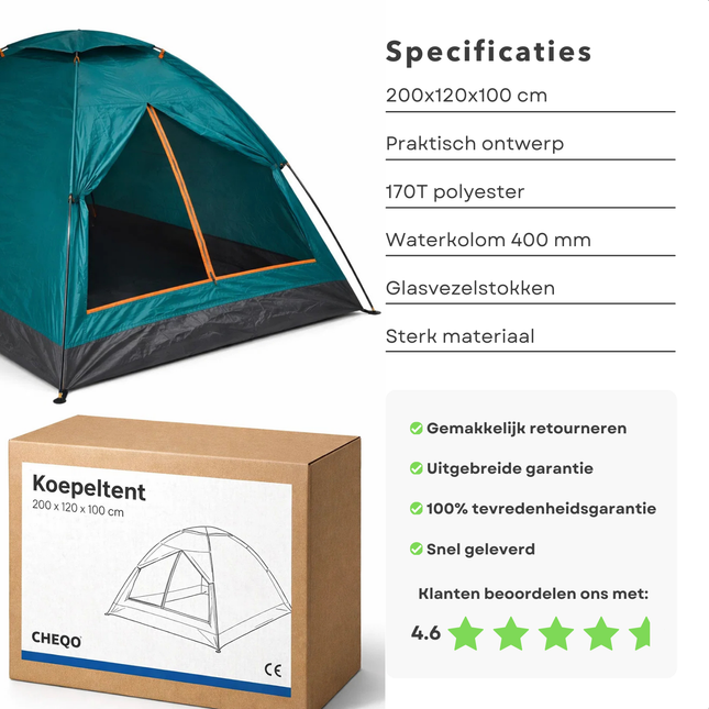 Cheqo® 2 Persoons Tent 200x120 cm - Koepeltent 2 Persoons - Monodome Tent - Festivaltent 2 Persoons - Kampeertent 2 Persoons - Outdoor Tent 2 Persoons - Camping Tent 2 Persoons - Compact