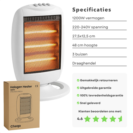 Cheqo® Halogeen Kachel - Elektrische Kachel - Draagbare Halogeen Heater - 3 Warmtestanden - 1200W Vermogen - Compacte Kachel - Bijverwarming - Oscillatiefunctie - Omvalbeveiliging - Oververhittingsbeveiliging - Instant Warmte - Draaghendel