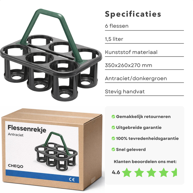 Cheqo® Flessendrager - Flessendrager 6 Flessen - Flessenrekje - Flessenrek - Flessenmand - Flessenmandje - Flessenhouder - Flessenhouder 6 Flessen - Flessentransport Mand - Flessencaddy - Flessendrager Antraciet