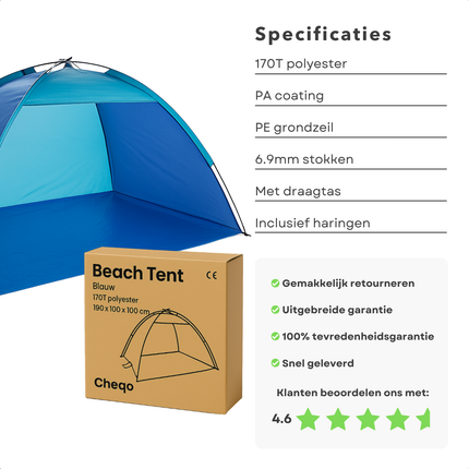Cheqo® Strandtent UV Bescherming - Strand Tent - Blauwe Tent voor Strand - Polyester & Fiberglas - Opvouwbaar