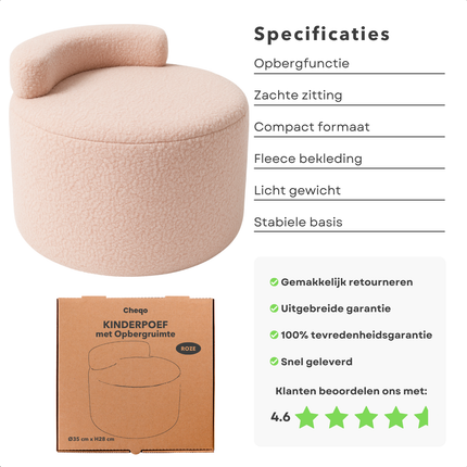 Cheqo® Poef met Opbergruimte - Opbergpoef - Kinderpoef Roze - Zachte Fleece Opbergstoel - Comfortabele Kinderzit