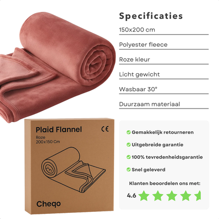 Cheqo® Fleece Deken - Plaid Flannel - Roze Fleece Deken - 150 x 200 cm - Zachte Textuur - Wasmachine Bestendig - Hoogwaardig Polyester - Gezellige Warmte - Elegante Roze Kleur - Veelzijdige Fleece Deken - Dekentje
